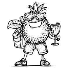 The modern durian character, isolated and carefree, sports sunglasses and shorts while holding a towel and a refreshing cocktail or juice