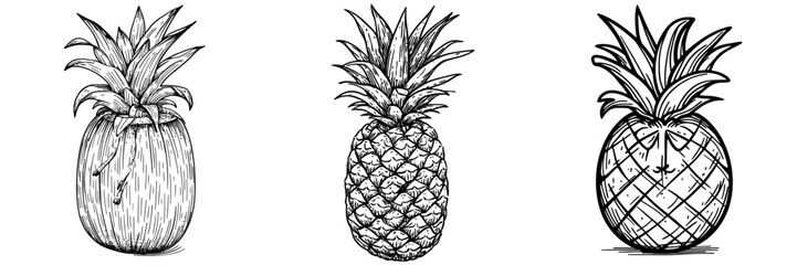 The pineapple is a modern and fresh tropical plant with a whole unpeeled exotic fruit that has yellow pulp and a spiky green peel, often depicted as a ripe organic product and cartoon element for