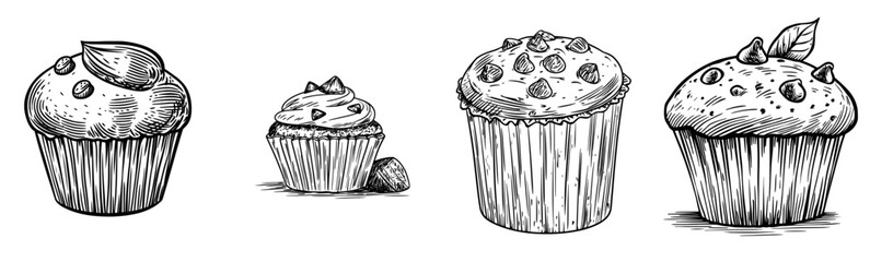 A sketch of isolated pastry food featuring a muffin with either raisins or chocolate, along with modern cupcakes and cake desserts from a bakery