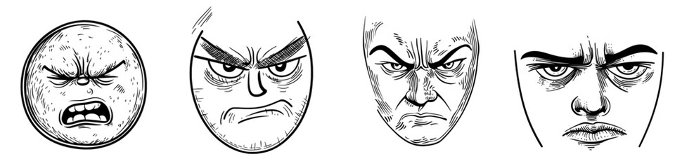 A modern cartoon face emoji is shown with a suspicious expression, characterized by sullen eyes and a closed mouth, symbolizing doubt and funny feelings on a white background