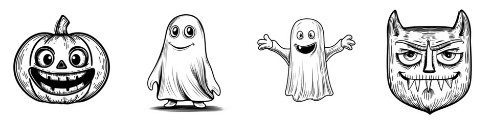 The modern icon of a malevolent Halloween monster is characterized by a pumpkin face, accompanied by a scary evil emoji that boasts a toothy smile and creepy squinted eyes, evoking the isolated