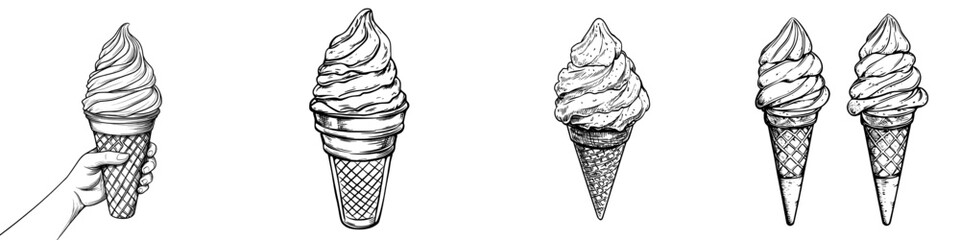 Depict ice cream in a waffle cone, a contemporary sweet and creamy swirl in a conical cup, a dairy-based dessert, with options including fruit or yogurt ice cream, a frozen summer treat isolated on a