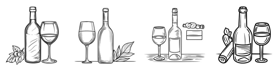 Modern winery product, a merlot semi sweet alcohol drink, is represented by a glass bottle, burgundy beverage, and goblet in an isolated outline icon of a drink of wine and glass