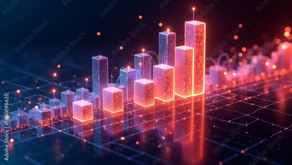 Poster an abstract digital illustration of a glowing bar graph. The graph is composed of illuminated bars, possibly representing financial data