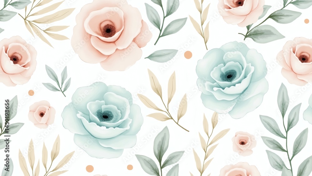 Poster a seamless pattern of watercolor flowers in soft pastel colors. the design features roses and leaves