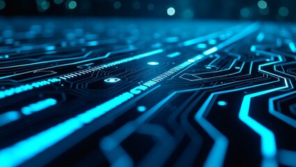 Close-up view of a circuit board with glowing blue lines