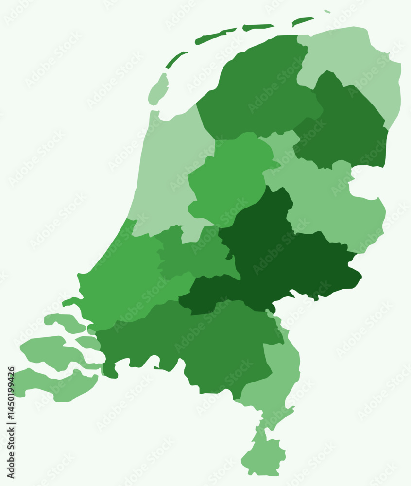 Poster map of netherlands with regions. just a simple country border map with region division. green color 