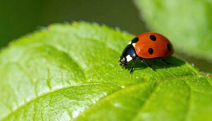 Fototapeta premium Observing a ladybug on a leaf vibrant nature scene macro photography outdoor environment close-up view insect life