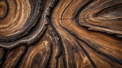 Dark brown wood texture with swirling grain patterns and deep cracks