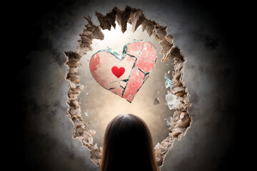 perplexed person looking at broken glass shards with floating broken heart