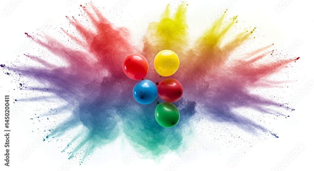 Poster vibrant explosion of colorful powder with five balloons in the center, creating a dynamic and eye-ca