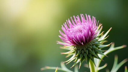 Milk Thistle. Purple thistle flower close-up macro with blurred backgr