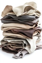Stack of assorted leather hides  Various shades of tan, brown, and gray leathers are piled high  Natural, unprocessed hides in a variety of tones