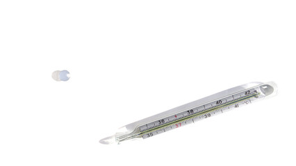 A broken medical mercury thermometer and a drop of mercury .isolated on a white background..