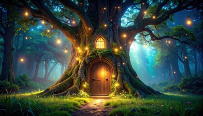 Enchanted treehouse adventure mystical forest fantasy scene magical environment dreamlike viewpoint