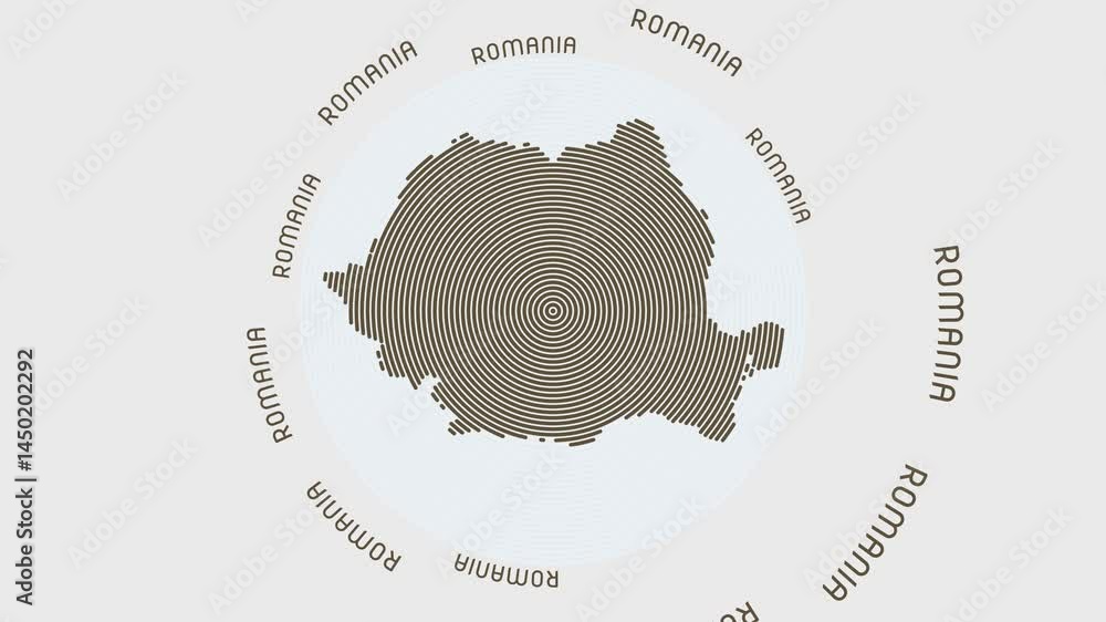 Poster romania shape with dynamic circles visual effect. animation of romania logo appearing from rotating 