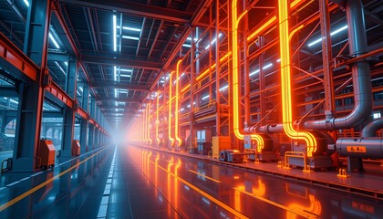 bright futuristic factory with ai data overlays, copy space