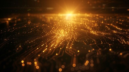 Obraz premium Abstract representation of artificial intelligence, glowing neural network lines forming a brain shape, sun flares adding depth, dark background with central focus and space around for text