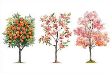 Obraz premium Assortment of watercolor fruit trees in blossom, isolated on white background, elements for spring garden scenes
