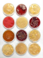 Germs and infections. Microbiological culture plates with colonies of bacteria on a laboratory bench.