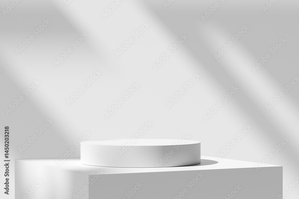 Fototapete Minimalist product display featuring geometric pedestals bathed in natural light and soft shadows on white background. 3D rendering