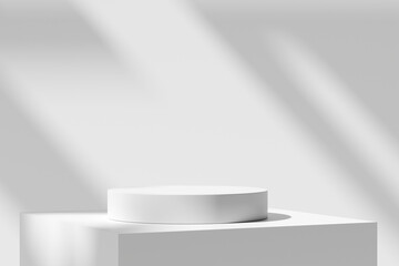 Minimalist product display featuring geometric pedestals bathed in natural light and soft shadows on white background. 3D rendering