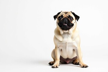 Obraz premium Adorable pug dog sitting, isolated on white background, animal photography, white, brown