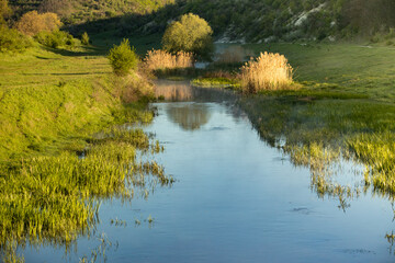 Beautiful landscape with the Raut River in the Republic of Moldova. rural nature in Eastern Europe.
