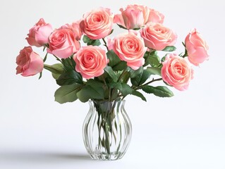 Fototapeta premium Lovely Pink Roses in a Clear Glass Vase on a Light Background for Fresh Floral Décor and Romantic Settings