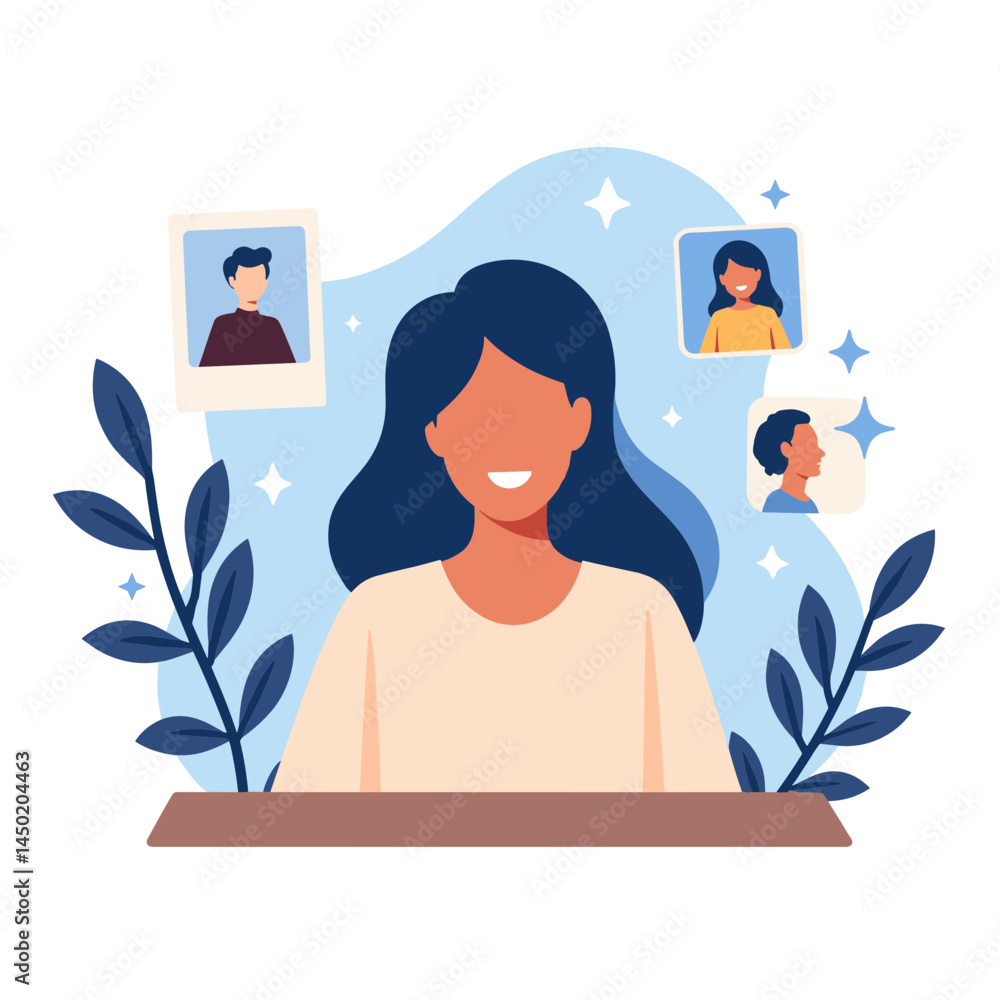 Poster office worker smiling during online job interview with background
