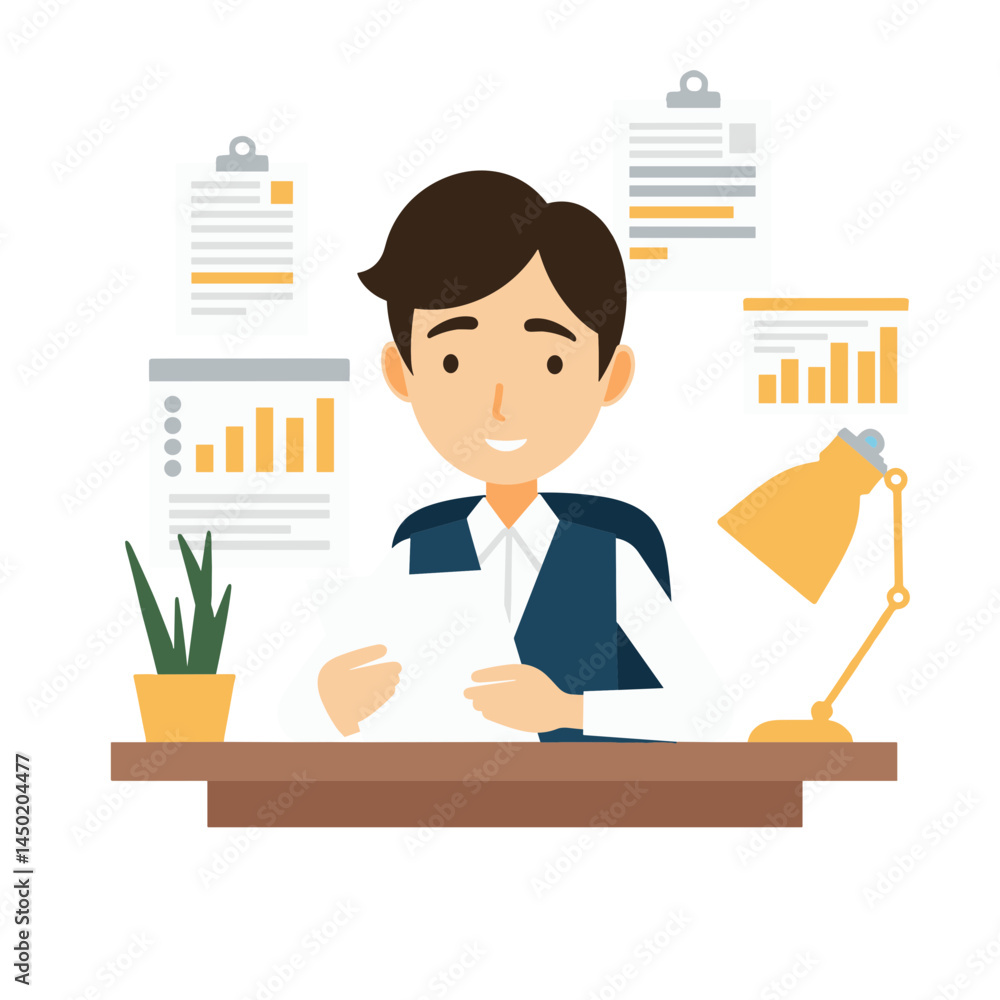 Aufkleber office worker smiling while reviewing documents in a home workspace
