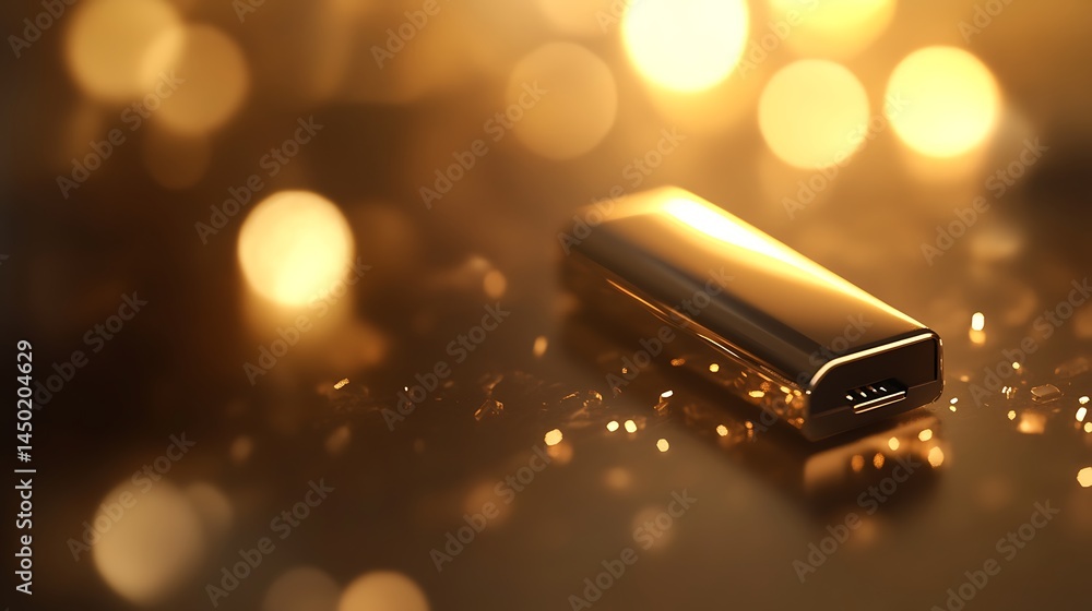Poster a modern usb flash drive with metallic finish and soft lighting, featuring a tech setup background.
