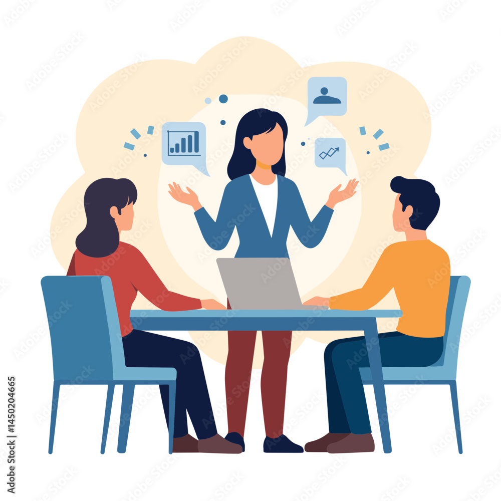 Poster office workers collaborating and discussing ideas at a table