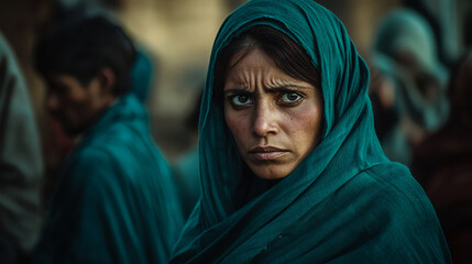 Close-up of woman's face, partially covered by teal headscarf, showing serious expression, conveying strength and resilience, possibly representing cultural identity or female empowerment
