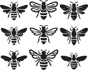 Bee Silhouette Vector Set Insect Icons, Flying Bees, Black Clipart