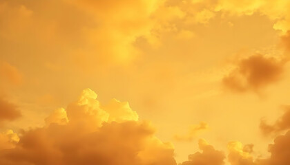 Golden Sunset Sky With Fluffy Clouds Illuminated By Warm Light