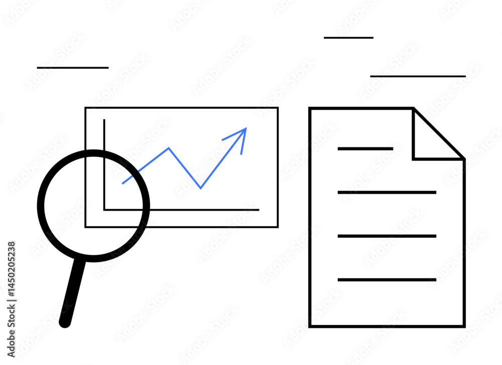 Poster magnifying glass over upward line chart next to a document, symbolizing data evaluation, analytics, 