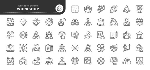 Workshop line icon set. Business, team building, teamwork, coaching, presentation, professional seminar. Outline vector icon in linear style. Series of pictograms.	