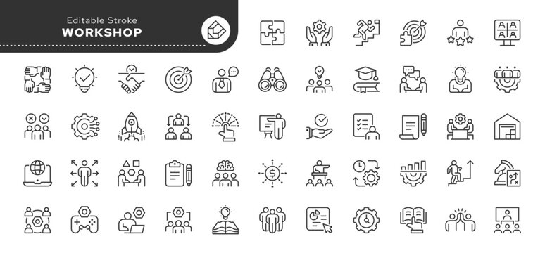Workshop line icon set. Business, team building, teamwork, coaching, presentation, professional seminar. Outline vector icon in linear style. Series of pictograms.	