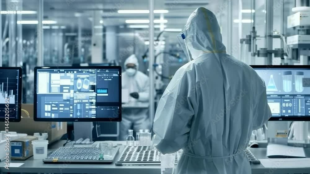 Poster A scientist in a full protective suit works in a state-of-the-art laboratory. Computer screens show scientific data as they handle a bottle. Clean and advanced environment for experiments.