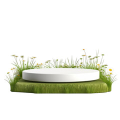 White podium on grass with small flowers