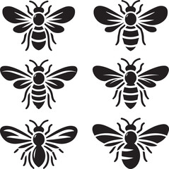 Bee Silhouette Vector Set Insect Icons, Flying Bees, Black Clipart