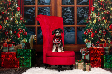 Small Dog in Holiday Sweater Sitting on Red Chair Between Christmas Trees