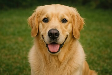 Golden retriever smiling outdoors.