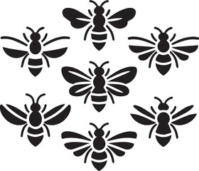 Bee Silhouette Vector Set Insect Icons, Flying Bees, Black Clipart