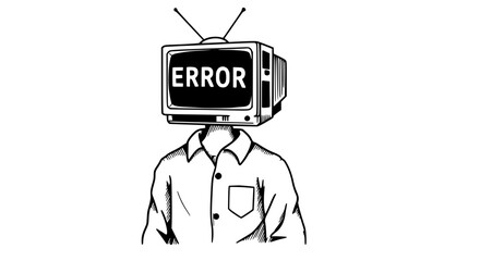 Person with retro TV head displaying ERROR message linocut style symbolizing disconnection.