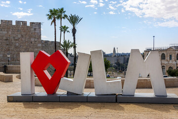 Sign "I love Jerusalem" on the street of Jaffa - near Jaffa gate and the Jaffa street, Jerusalem, Israel