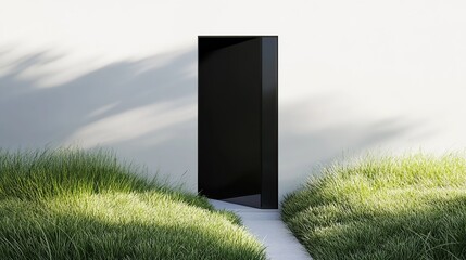 The path is surrounded by green grass leading to an open black door