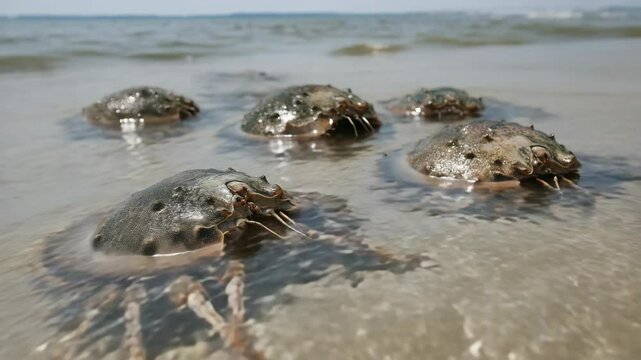Horseshoe crabs on a sandy beach shore in shallow water, prehistoric arthropods, ocean animals crawling on shore.