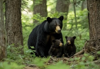 Fototapeta premium Majestic black bear and her two playful cubs exploring the lush forest environment surrounded by trees and greenery on a sunny day